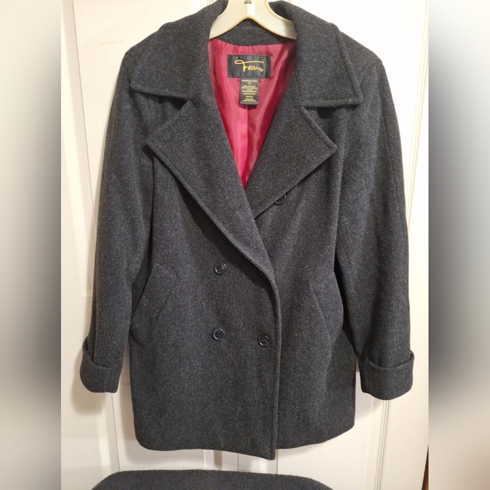 Vintage Fabio Pure Wool Double Breasted Classic Pea Coat-L-Charcoal Gray Black